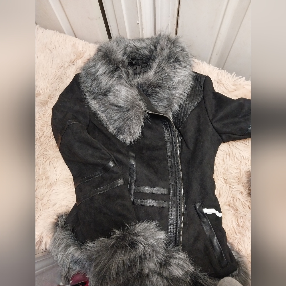 Black Faux Suade with Leather and fur trim